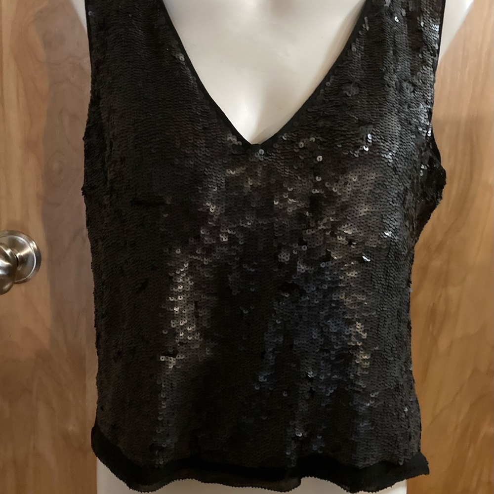 NWOT Calvin Klein Collection Black Silk Sequin V-neck Sleeveless Top Sz12